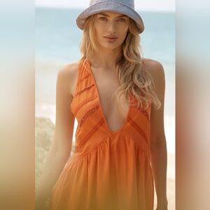 NWT Anthropologie V-Neck Back-Cutout Mini Dress Orange Halter Swim Cover-up